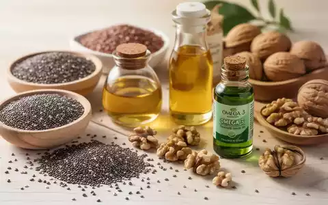 Nahaufnahme von verschiedenen veganen Omega-3-Quellen wie Chiasamen, Walnüssen, Leinöl und einer Flasche Algenöl auf Holz. - Foto: über boerse-global.de