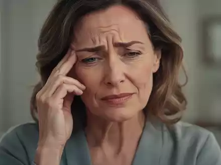 Eine Frau in ihren späten 40ern hält sich schmerzhaft die Schläfe, im Hintergrund verschwommen. - Foto: über boerse-global.de