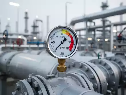 Ein detailliertes Nahaufnahme eines Manometers an einer großen Industriegasleitung, das Präzision und Regulierung im Energiesektor vermittelt. - Foto: über boerse-global.de