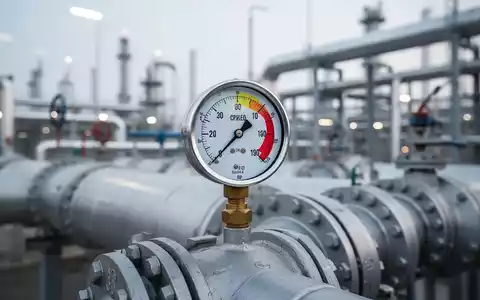 Ein detailliertes Nahaufnahme eines Manometers an einer großen Industriegasleitung, das Präzision und Regulierung im Energiesektor vermittelt. - Foto: über boerse-global.de