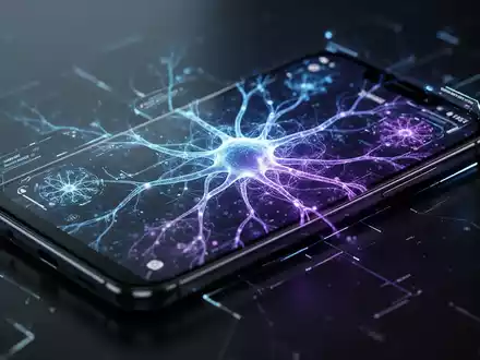 Nahaufnahme eines modernen Samsung Galaxy A-Serie Smartphone-Bildschirms mit leuchtender, abstrakter KI-Neuronalnetz-Grafik. - Foto: über boerse-global.de