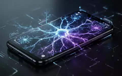 Nahaufnahme eines modernen Samsung Galaxy A-Serie Smartphone-Bildschirms mit leuchtender, abstrakter KI-Neuronalnetz-Grafik. - Foto: über boerse-global.de