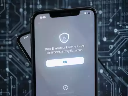 Nahaufnahme eines iPhone-Bildschirms mit Datenlöschmeldung, unscharfer Hintergrund mit digitalen Sicherheitsmustern. - Foto: über boerse-global.de