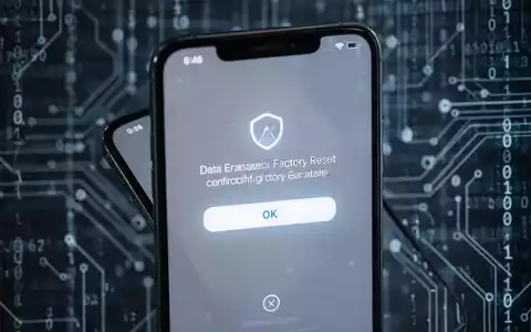 Nahaufnahme eines iPhone-Bildschirms mit Datenlöschmeldung, unscharfer Hintergrund mit digitalen Sicherheitsmustern. - Foto: über boerse-global.de