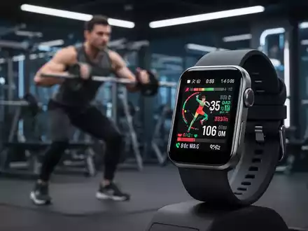Eine Nahaufnahme einer Smartwatch, die Fitnessdaten anzeigt, während im verschwommenen Hintergrund jemand in einem modernen Fitnessstudio trainiert. - Foto: über boerse-global.de