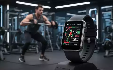 Eine Nahaufnahme einer Smartwatch, die Fitnessdaten anzeigt, während im verschwommenen Hintergrund jemand in einem modernen Fitnessstudio trainiert. - Foto: über boerse-global.de