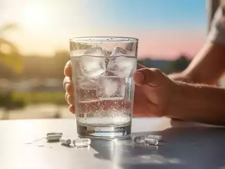 Eine Hand hält ein Glas Wasser mit Eis und Magnesiumkapseln auf einem Tisch vor dem unscharfen Hintergrund eines heißen Sommertages. - Foto: über boerse-global.de