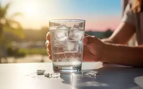 Eine Hand hält ein Glas Wasser mit Eis und Magnesiumkapseln auf einem Tisch vor dem unscharfen Hintergrund eines heißen Sommertages. - Foto: über boerse-global.de