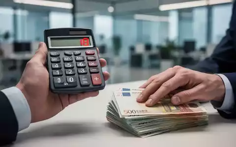 Hände halten einen Taschenrechner mit einer negativen Zahl und liegen auf einem Stapel Euro-Banknoten, unscharfer Bürohintergrund. - Foto: über boerse-global.de