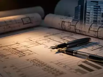 Nahaufnahme von Bauplänen und Finanzdokumenten mit Berechnungen und Diagrammen. Ein Füllfederhalter liegt auf den Papieren. Im Hintergrund ist eine verschwommene moderne Gebäudesilhouette zu sehen. - Foto: über boerse-global.de