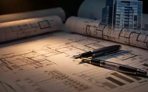 Nahaufnahme von Bauplänen und Finanzdokumenten mit Berechnungen und Diagrammen. Ein Füllfederhalter liegt auf den Papieren. Im Hintergrund ist eine verschwommene moderne Gebäudesilhouette zu sehen. - Foto: über boerse-global.de