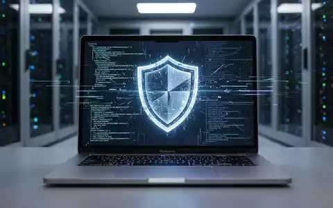 Moderner Laptop-Bildschirm mit digitalem Schildsymbol, umgeben von abstraktem Code und Daten, vor unscharfem Serverraum. - Foto: über boerse-global.de