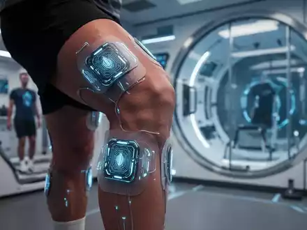 Nahaufnahme des Beins eines Athleten mit futuristischen Frequenzpads, die dezent leuchten, in einer High-Tech-Trainingsumgebung. - Foto: über boerse-global.de