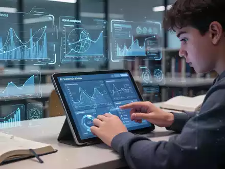 Eine Studentin lernt mit einem Tablet, umgeben von digitalen Grafiken, die künstliche Intelligenz und Bildungstechnologie darstellen. - Foto: über boerse-global.de