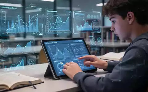 Eine Studentin lernt mit einem Tablet, umgeben von digitalen Grafiken, die künstliche Intelligenz und Bildungstechnologie darstellen. - Foto: über boerse-global.de