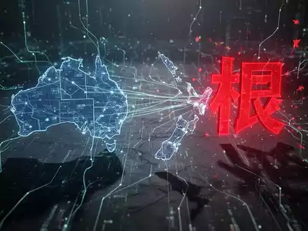 Digitale Karte zeigt Cyberbedrohungen von einem chinesischen Schriftzeichen ausgehend, die Australien und Neuseeland angreifen. - Foto: über boerse-global.de