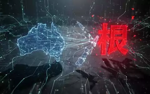 Digitale Karte zeigt Cyberbedrohungen von einem chinesischen Schriftzeichen ausgehend, die Australien und Neuseeland angreifen. - Foto: über boerse-global.de