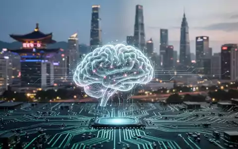 Eine stilisierte, leuchtende KI-Gehirnstruktur auf einer Platine mit unscharfen Skylines von Seoul und Hanoi im Hintergrund. - Foto: über boerse-global.de