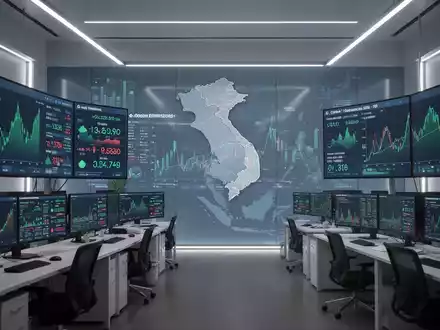 Ein minimalistischer Handelsraum mit digitalen Bildschirmen, die Diagramme und Zahlen zum Emissionshandel anzeigen, im Hintergrund eine angedeutete Karte Vietnams. - Foto: über boerse-global.de