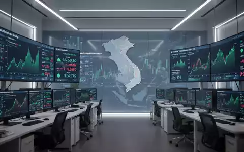 Ein minimalistischer Handelsraum mit digitalen Bildschirmen, die Diagramme und Zahlen zum Emissionshandel anzeigen, im Hintergrund eine angedeutete Karte Vietnams. - Foto: über boerse-global.de