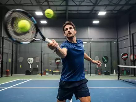 Ein Tennisspieler in Aktion auf einem modernen Indoor-Platz, der den Ball mit einem Schläger trifft, mit Andeutungen anderer Schlägersportarten im Hintergrund. - Foto: über boerse-global.de