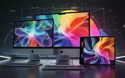 Schlanke Apple Mac- und iPad-Pro-Geräte mit lebendigen OLED-Bildschirmen und abstraktem Farbspektrum im Hintergrund. - Foto: über boerse-global.de