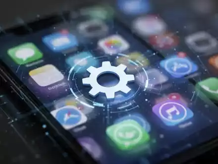Smartphone-Bildschirm mit zahnradförmigem Einstellungssymbol, umgeben von App-Icons, Systemnavigation andeutend. - Foto: über boerse-global.de