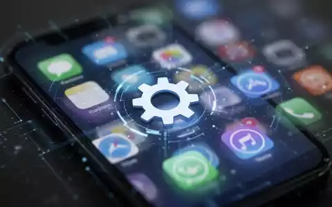 Smartphone-Bildschirm mit zahnradförmigem Einstellungssymbol, umgeben von App-Icons, Systemnavigation andeutend. - Foto: über boerse-global.de