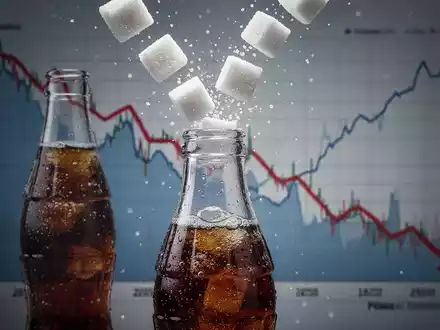Zuckerwürfel fallen in eine Limonadenflasche vor einem Finanzdiagramm, das fallende Zahlen zeigt. - Foto: über boerse-global.de