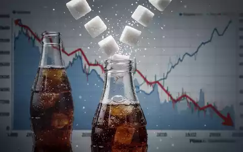 Zuckerwürfel fallen in eine Limonadenflasche vor einem Finanzdiagramm, das fallende Zahlen zeigt. - Foto: über boerse-global.de