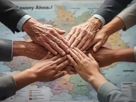 Ein Netzwerk verschiedener Hände, die sich sanft berühren, symbolisiert Unterstützung und Gemeinschaft vor einer unscharfen Karte von Sachsen-Anhalt. - Foto: über boerse-global.de
