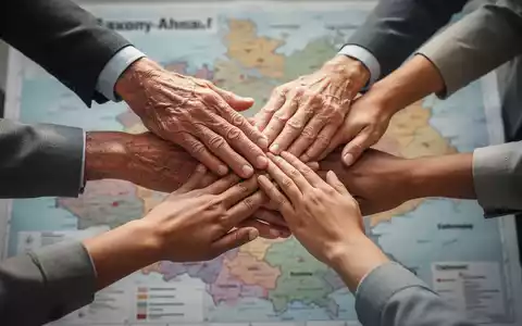Ein Netzwerk verschiedener Hände, die sich sanft berühren, symbolisiert Unterstützung und Gemeinschaft vor einer unscharfen Karte von Sachsen-Anhalt. - Foto: über boerse-global.de