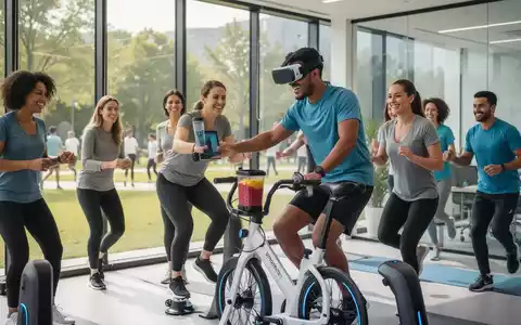 Mitarbeiter nehmen an einem Gesundheitstag teil, nutzen ein Smoothie-Bike und VR-Headsets in einer modernen Umgebung. - Foto: über boerse-global.de