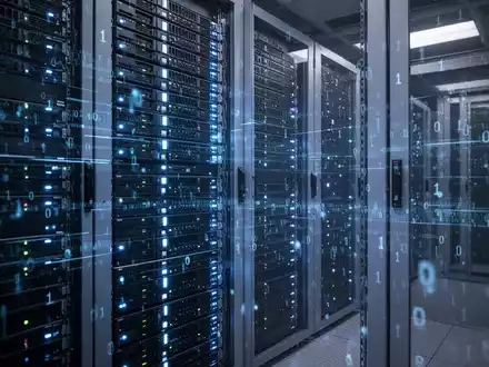 Server-Racks mit blauen Leuchten und abstrakten Datenmustern, symbolisieren Dauerbetrieb und Hotpatching im Rechenzentrum. - Foto: über boerse-global.de