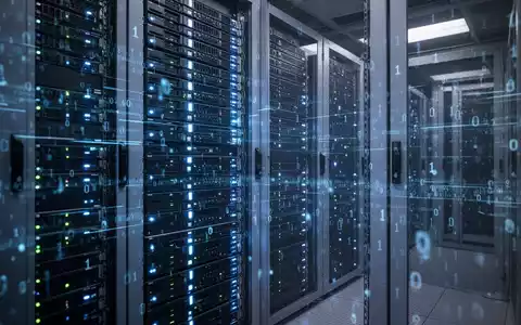 Server-Racks mit blauen Leuchten und abstrakten Datenmustern, symbolisieren Dauerbetrieb und Hotpatching im Rechenzentrum. - Foto: über boerse-global.de