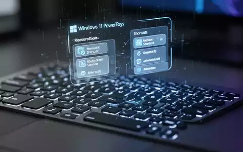 Nahaufnahme einer modernen Tastatur mit beleuchteten Tasten und holografischer Projektion von Windows 11 PowerToys-Verknüpfungen. - Foto: über boerse-global.de