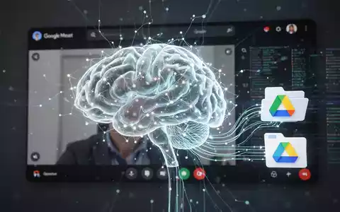 Stilisierte neuronale Netzgrafik über Google Meet-Bildschirm, Daten fließen zu Google Drive-Symbol. - Foto: über boerse-global.de
