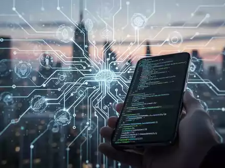 Stilisierte neuronale Netzwerke mit leuchtenden Verbindungen, Smartphone mit Code, futuristische Stadtlandschaft im Hintergrund. - Foto: über boerse-global.de
