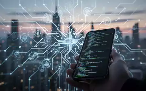 Stilisierte neuronale Netzwerke mit leuchtenden Verbindungen, Smartphone mit Code, futuristische Stadtlandschaft im Hintergrund. - Foto: über boerse-global.de