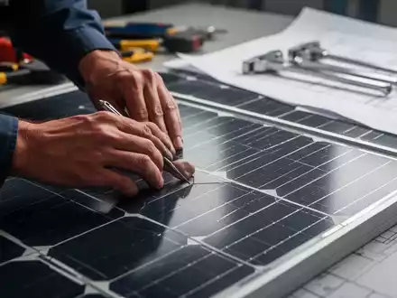 Hände eines Handwerkers, die präzise an einem Photovoltaikmodul arbeiten, mit unscharfen Werkzeugen und Bauplänen im Hintergrund. - Foto: über boerse-global.de