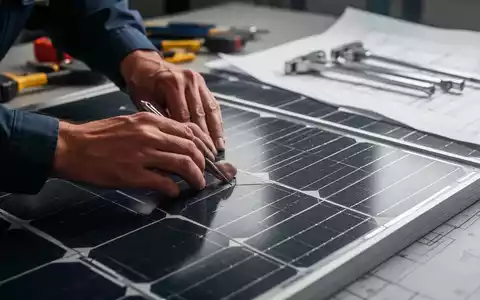 Hände eines Handwerkers, die präzise an einem Photovoltaikmodul arbeiten, mit unscharfen Werkzeugen und Bauplänen im Hintergrund. - Foto: über boerse-global.de
