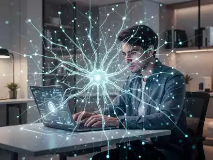 Eine Person arbeitet konzentriert an einem Laptop in einem modernen Heimbüro, überlagert von einem stilisierten, leuchtenden KI-Netzwerk. - Foto: über boerse-global.de