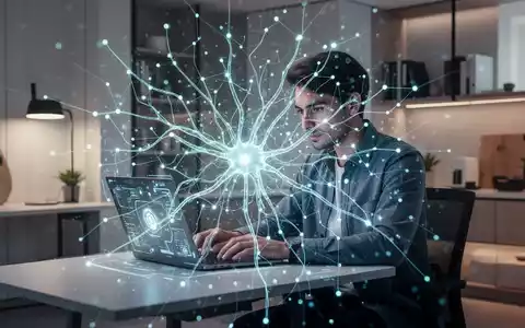 Eine Person arbeitet konzentriert an einem Laptop in einem modernen Heimbüro, überlagert von einem stilisierten, leuchtenden KI-Netzwerk. - Foto: über boerse-global.de
