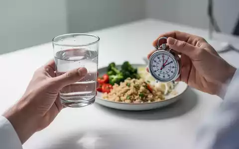 Hände halten ein Glas Wasser und einen Timer, im Hintergrund eine minimalistische, gesunde Mahlzeit. Symbolisiert Intervallfasten. - Foto: über boerse-global.de