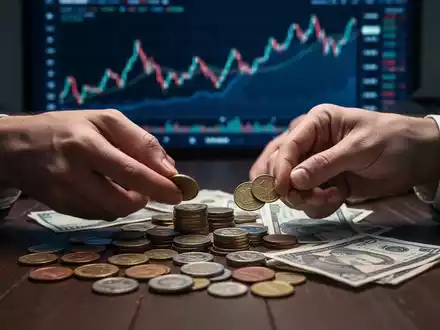 Hände zählen und sortieren Münzen und Banknoten auf einem dunklen Tisch, im Hintergrund verschwommen ein Finanzgraph. - Foto: über boerse-global.de