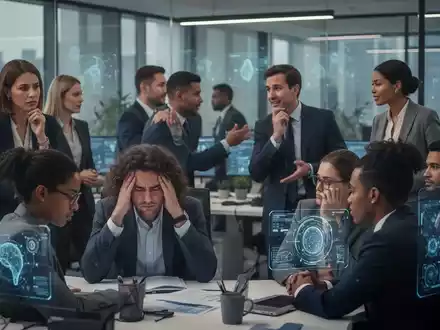 Geschäftsleute in einem modernen Büro, einige gestresst, andere im Gespräch, mit subtilen KI-Elementen auf Bildschirmen. - Foto: über boerse-global.de