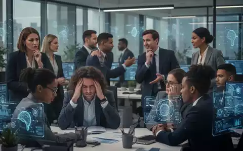 Geschäftsleute in einem modernen Büro, einige gestresst, andere im Gespräch, mit subtilen KI-Elementen auf Bildschirmen. - Foto: über boerse-global.de