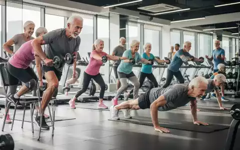 Ältere Menschen trainieren Kraftübungen in einem modernen Fitnessstudio, darunter Aufstehen vom Stuhl und Liegestütze. - Foto: über boerse-global.de