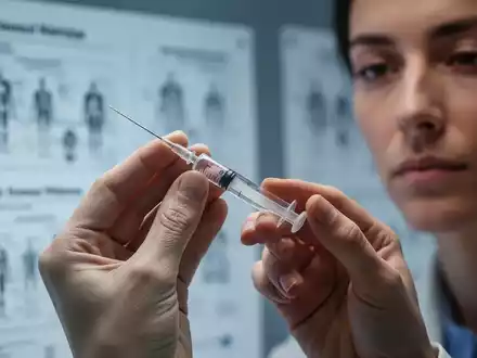 Hände halten eine Spritze mit klarer Flüssigkeit, im Hintergrund unscharf medizinische Diagramme und ein nachdenkliches Gesicht. - Foto: über boerse-global.de