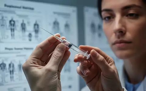 Hände halten eine Spritze mit klarer Flüssigkeit, im Hintergrund unscharf medizinische Diagramme und ein nachdenkliches Gesicht. - Foto: über boerse-global.de